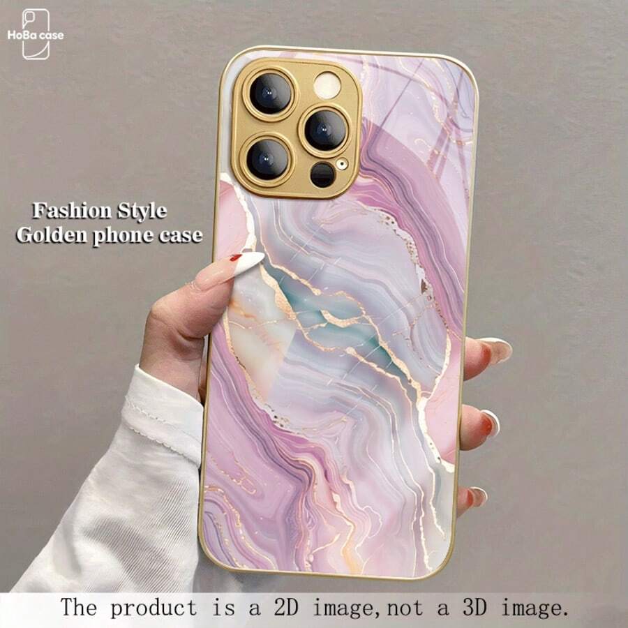 HoBa case 1件 金色邊框金條紋大理石紋手機殼，鋼化玻璃手機殼，相容 iPhone 18、17 Pro Max，適用於 16 Pro Max、15 Pro Max、14 Pro Max，韓式時尚趣味手機殼，相容 iPhone 11/12/13/14/15/16/18 Pro Max Plus，優雅設計，男女通用，聖誕節、秋季、生日送女友的理想禮物