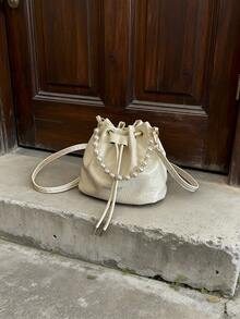 Women Drawstring Bag Mini Sling Bag Bucket Bag Diamond Lattice Daily Outdoor Bag - Beige - View 1