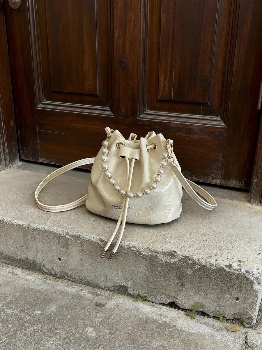 Women Drawstring Bag Mini Sling Bag Bucket Bag Diamond Lattice Daily Outdoor Bag - Beige - View 1