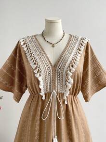 Rusttydustty Women's Plus Size Camel Print V-Neck Tassel Bohemian Vintage Maxi Dress, Suitable For Autumn And Halloween Elegant Summer - Camel - View 4