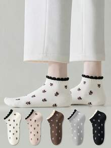 ZUJO 5 Pairs Women's Ankle Socks, Floral Pattern Lace Trim Short Socks, Simple And Comfortable, Suitable For All Seasons - Multicolor - View 3