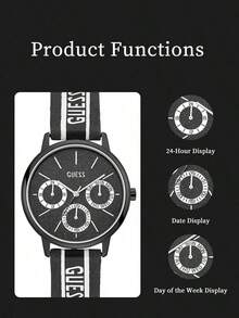 GUESS V1013M2 Matte Black Metal Three-Eye Multifunction Men's Quartz Watch, Glitter Black Dial With Black And White Vertical Stripe Print, Leather - Black - View 6