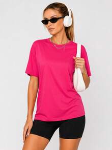 Nonwe Women Loose Fit Plain Short Sleeve T Shirt Soft Stretch Crew Neck Casual Sports Basic Tee Daily Wear - Hot Pink - View 8