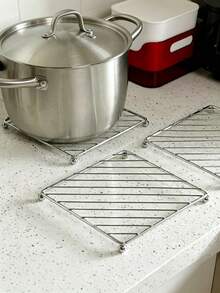 1pc Stainless Steel 4-Legged Stand, Heat-Resistant Kitchen Table Mat, Square Iron Electroplated Pot Holder, Coaster, Stainless Steel Heat Insulation Pad, Desktop Anti-Scald Protection, Suitable For Restaurant, Kitchen, Baking - View 9