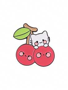 1pc Cute Cherry Cat Enamel Pin, Cartoon Kitty On Smiling Cherry, Sweet Fashion Accessory For Clothes And Backpacks, Gift For Cat And Fruit Lovers - Multicolor - View 10