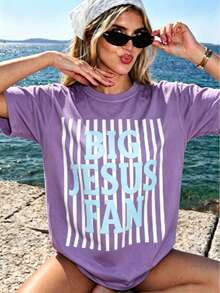 Camiseta con gráfico de gran fan de Jesús -Ajuste holgado- Estilo relajado y fácil, - Morado - Ver 1