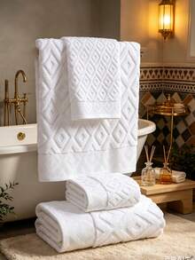 QIBHI 1/2/3pcs Optional, Pure Cotton Jacquard Diamond Grid, Solid Color Elegant, 100% Cotton, Not Thick Fabric, European Style Face Towel/Or Select One Bath Towel, Cotton Terry, Bathroom Towel, Suitable For Bathroom, Back To School, Travel, Home Essentials, Towel, Skin Care - White - View 3