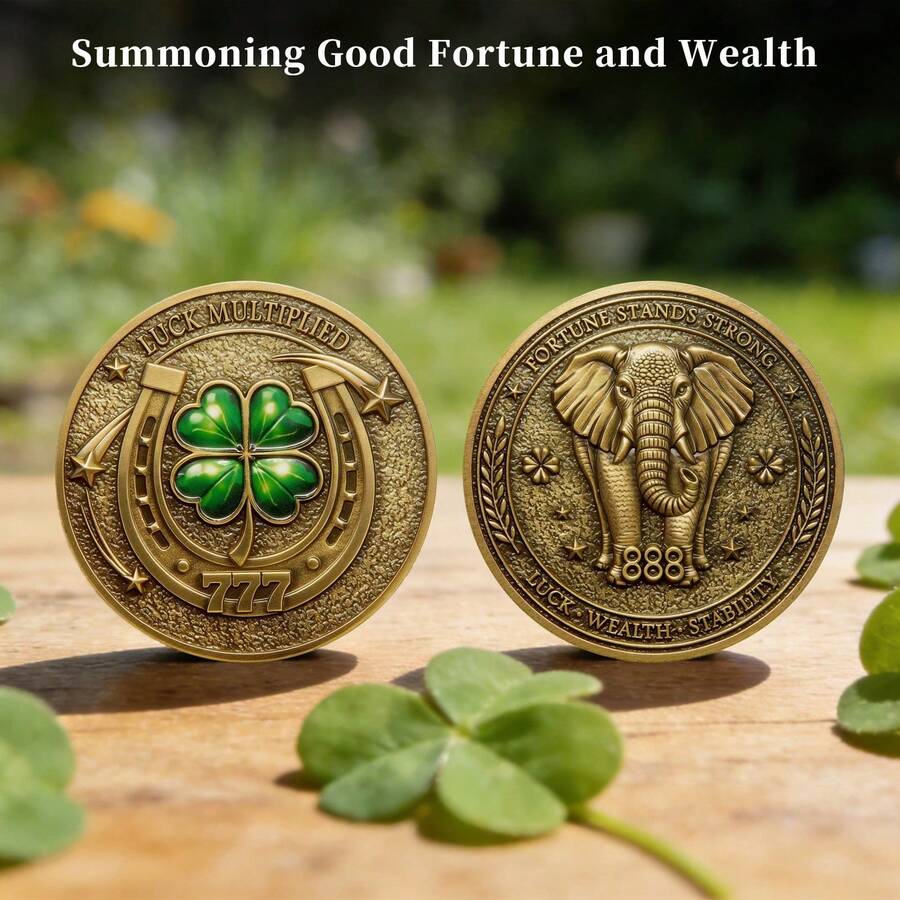 1pc Gold Lucky 777 & 888 Coin Set, Four-Leaf Clover, Horseshoe & Elephant Auspicious Symbols, Collectible Wealth-Attracting & Prosperity Gift - one-size - View 1