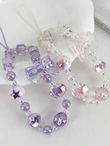 1pc Ethereal Gradient Purple Crystal Phone Lanyard, Star Square Bead Bow Short Strap, Ins Niche Style (Due To Shooting Angle And Magnification, The Actual Size May Differ Slightly From The Photo) - Multicolor - View 2