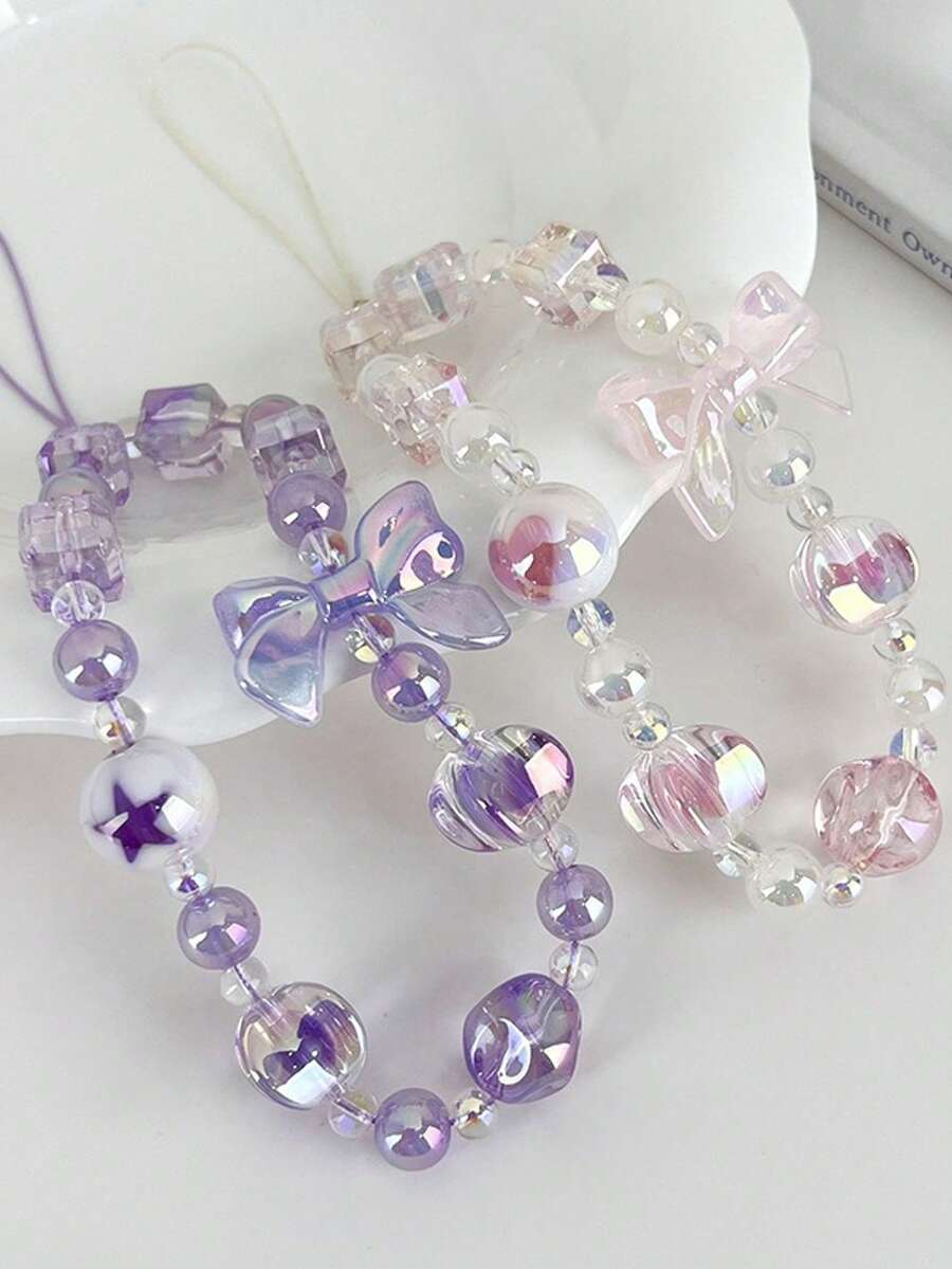 1pc Ethereal Gradient Purple Crystal Phone Lanyard, Star Square Bead Bow Short Strap, Ins Niche Style (Due To Shooting Angle And Magnification, The Actual Size May Differ Slightly From The Photo)