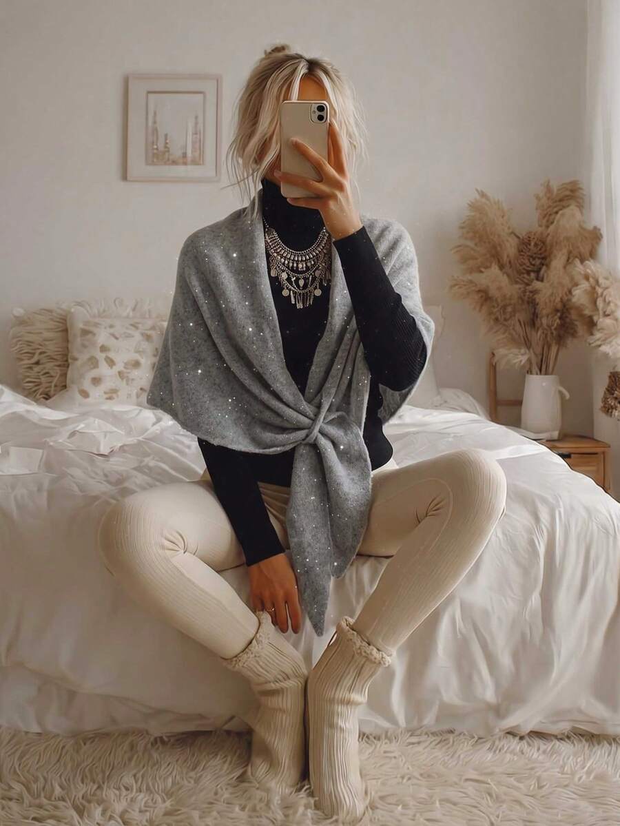 SEREN Women's New Grey Knit Triangle Shawl Cardigan, Lazy & Gentle Style, Suitable For Daily Wear And Travel Outfits - Light Grey - View 1