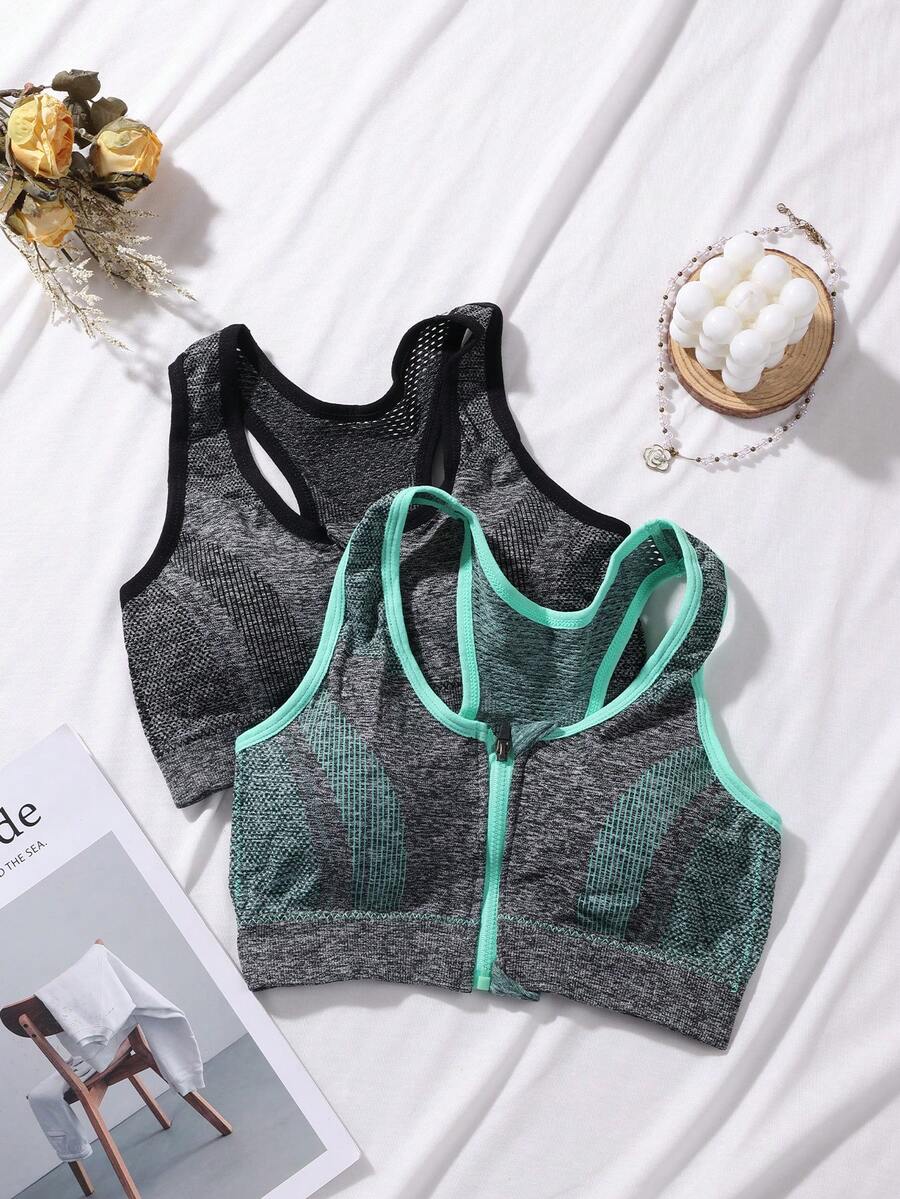 2 piezas/Set Sujetador tipo tank con cremallera y absorción de impactos para mujer, Sujetador push-up sin costuras con elevación para mujer, Lencería para mujer con diseño de contraste de color en la espalda, Lencería transpirable con elasticidad media, Sujetador de cobertura completa para yoga y running, Diseño cómodo sin aros, Almohadillas removibles, Adecuado para uso diario, entrenamiento fitness y deportes en múltiples escenarios - Multicolor - Ver 1