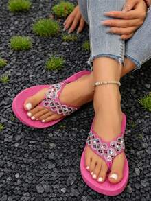 Women's Fuchsia Rhinestone Wave Pattern Thong Sandals, Full Rhinestone Toe Strap Beach Slippers, Summer Outdoor Anti-Slip Flat Slides - Hot Pink - View 3
