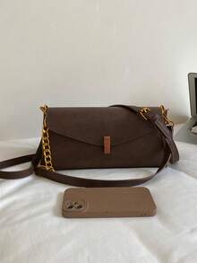 Vintage Brown Textured Flap Bag With Metal Chain Underarm Bag, Luxury Versatile Commuter Shoulder Handbag - Coffee - View 8