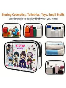 1pc K-Pop Idol Themed PVC Makeup Bag, Zipper Sealed PVC Travel Organizer Bag, Printed With K-Pop Logo Korean Pop Culture Design, Lightweight And Sun-Resistant Women's And Girls' Makeup And Toiletry Bag, Portable Makeup Box, Easy To Wipe Clean Design, Tech-Inspired Organizer | Modern Aesthetic | Fade-Resistant Material, Travel Essential, Vacation, Summer, Back To School, School Supplies Bag, Toiletry Bag, Waterproof Travel Makeup Bag - Multicolor - View 4