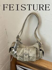 FEISTURE 1件 PU布料多口袋單肩斜挎包，小方包附肩帶，拉鍊開合，附吊飾，適合女孩、女性、大學生、職場新人與白領上班族，適用於工作、商務、通勤、上學 - 灰色 - 查看 8