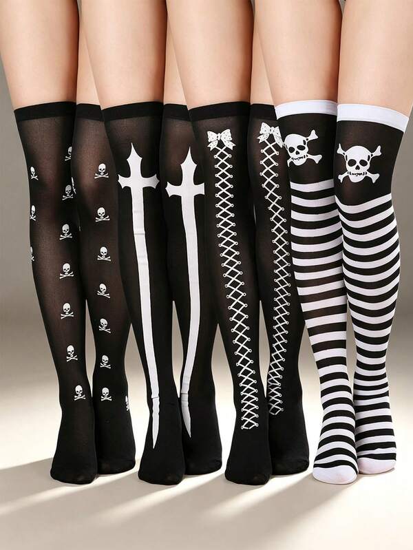 4 Pairs Women's Halloween Knee-High Socks, Suitable For Holiday Parties, Cosplay Costumes And Personalized Atmosphere Outfits