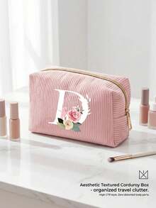 1pc A-Z Pink Letter Corduroy Cosmetic Bag, Foldable Large Capacity Makeup Organizer With Smooth Zipper, Portable Personalized Toiletry Bag, Pink White Letter Design Storage Pouch, Perfect For Christmas Gift & Vacation - Multiple Styles - View 17
