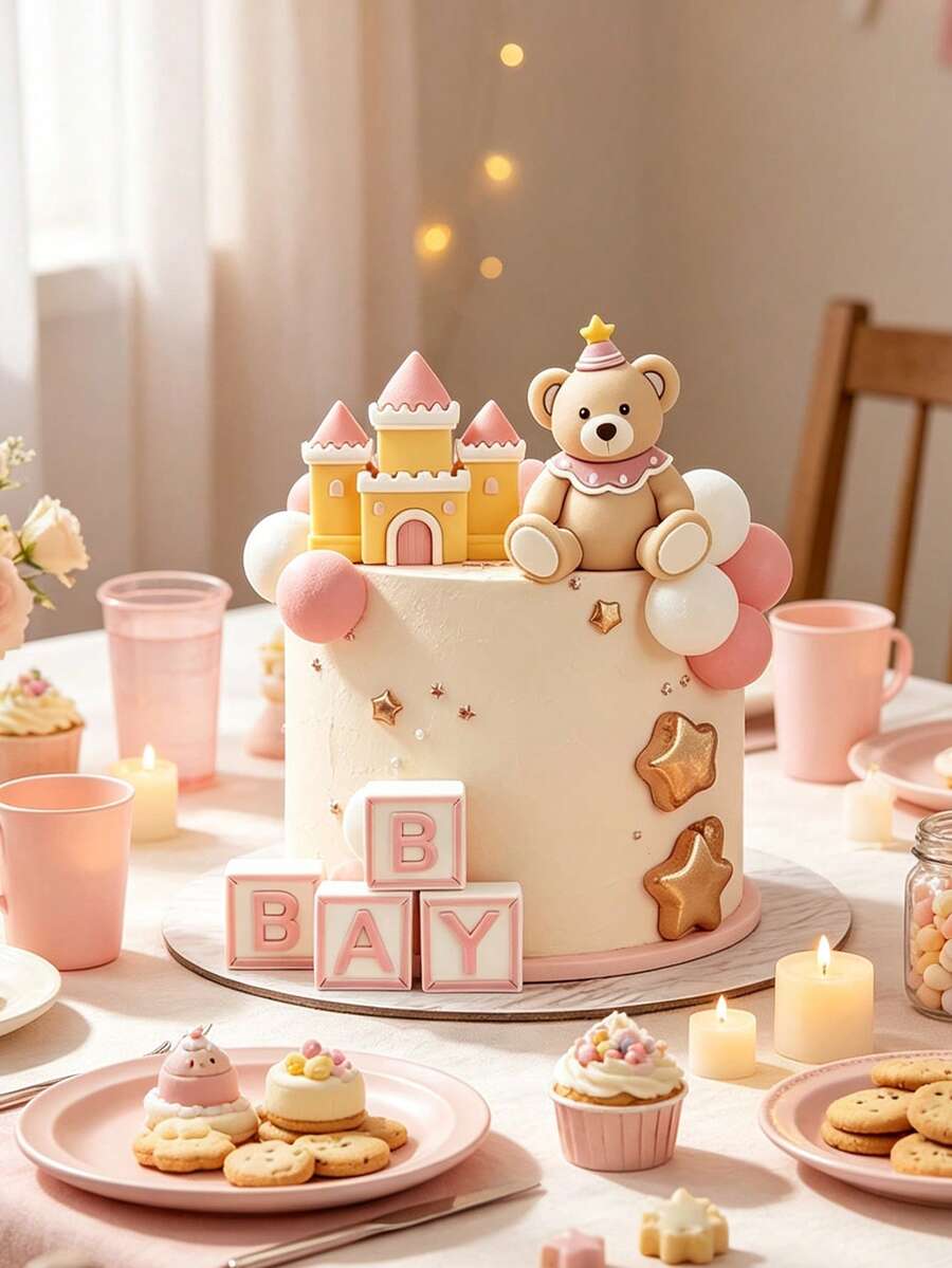 1pc Teddy Bear Cake Topper Castle, Letter "Baby" Baby Shower Cake Decoration, Birthday Party Supplies, Baby Shower Gift - Multicolor - View 1