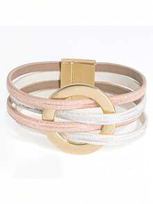 European And American Style Multi-Layer PU Leather Women's Alloy Large Round Ring Magnetic White And Pink Bracelet - White Powder - View 2