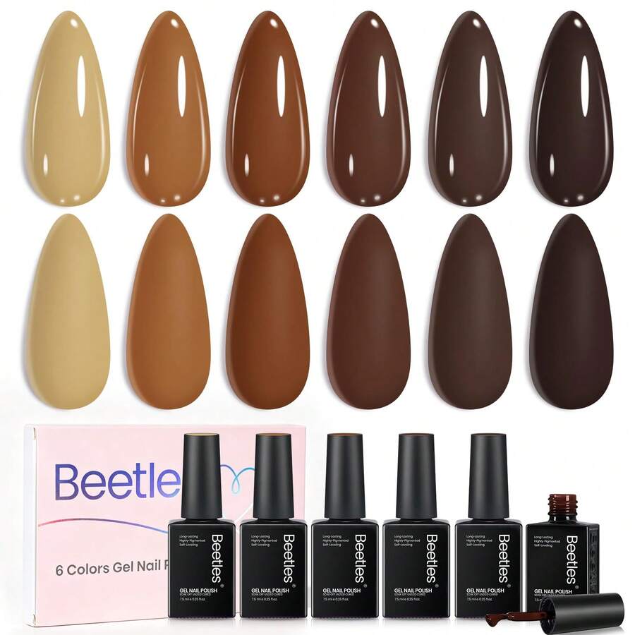 Beetles 6 Colors Fall Whisper Brown Gel Nail Polish Set, Brown Nude Earth Tone Gel Polish Kit, Soak Off UV LED Autumn Nail Art Manicure - 6 Colors Fall Whisper Brown - 查看 1