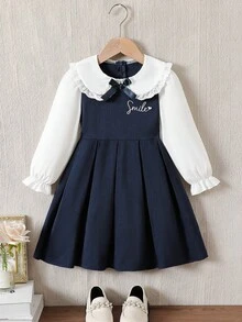 Galaxy Graffiti 4-7 Years Old Girls Dress, Spring/Autumn New Peter Pan Collar Bow Letter Embroidery Long Sleeve Dress, Campus Daily Wear/ - Navy Blue - View 2