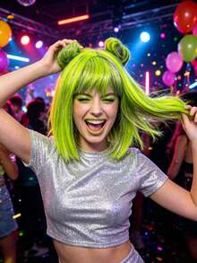 Neon Green Purple Silver Space Bun Wig, Smooth Straight Hair With Bangs, Breathable Adjustable Cap, Suitable For Colorful Party, Nightclub Photo Shoot, Cute Women's Styling Set - Multicolor - View 3