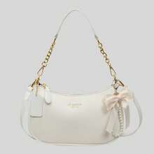 Bolsa de Ombro Feminina Cor Sólida Material PU, Letras, Laços e Pingentes de Pérola - Branco - Visão 2