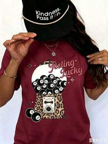 Feeling Lucky Cherry Graphic T-Shirt For Women, Casual Short Sleeve Crew Neck Printed Tee, Aesthetic Y2K Summer Top, Holiday Vacation Spring Festival - 酒紅色 - 查看 10