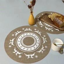 Natural Jute Round Placemats Christmas Reindeer Pattern Woven Heat Insulation Table Mats Rustic Farmhouse Dining Table Decor - Multicolor - View 3