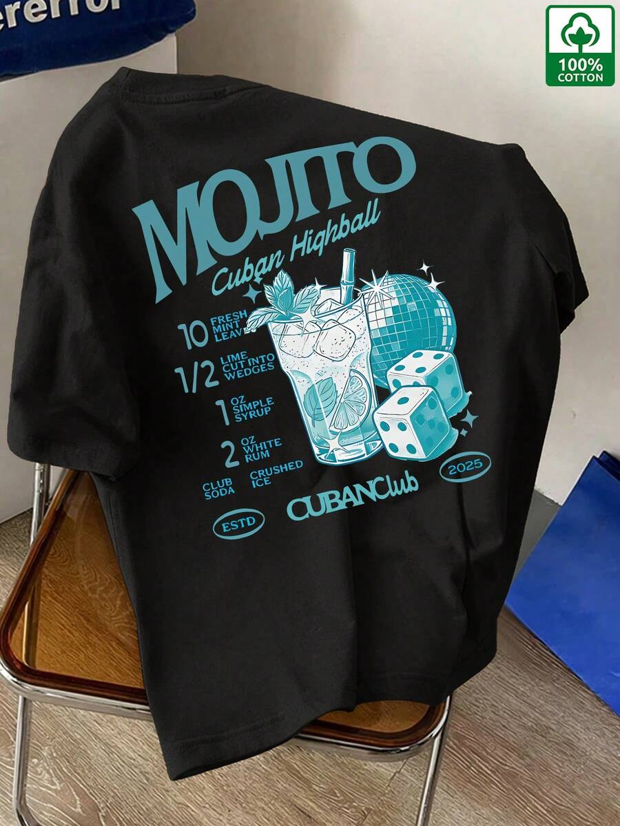 Men's Short-Sleeve T-Shirt, Mojito Rum Dice Print, American Retro Style, Casual, Breathable, Versatile, Summer Essential, Camiseta Hombre - Black - View 1