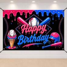 Baseball Ice Cream Drip Birthday Banner Decorations Sports Theme Happy Birthday Backdrop, Baseball Party Hanging Banner Birthday Party Supplies Photo Booth Decor - Neon - View 1