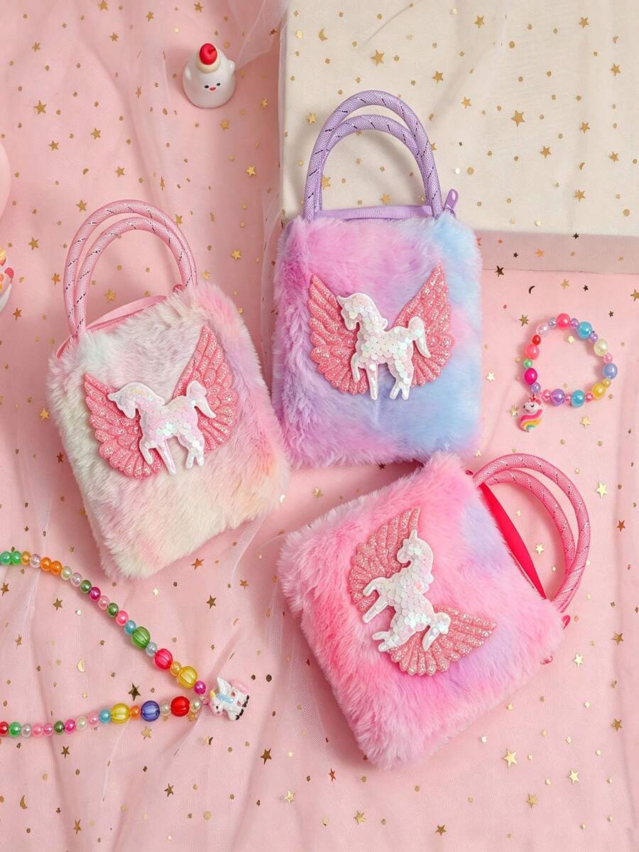 Cute Sequin Unicorn Plush Handbag, Cartoon Faux Fur Coin Purse, Rainbow Plush Handbag (Girls Style) - Multicolor - View 1