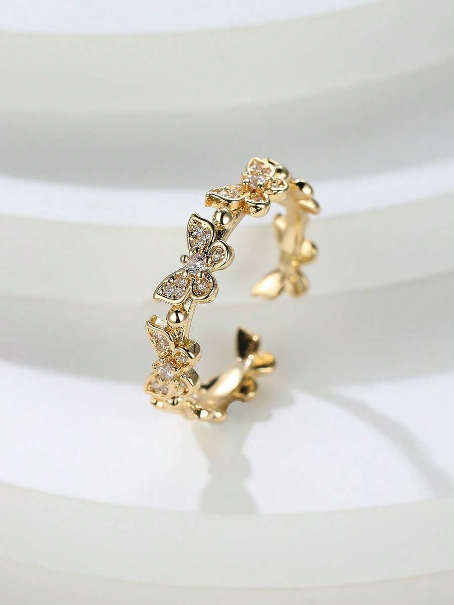 1Pc Simple And Fashionable Micro Inlaid Butterfly Ring For Women's Opening Adjustable Ring For Women's Accessories - Butterfly - View 1