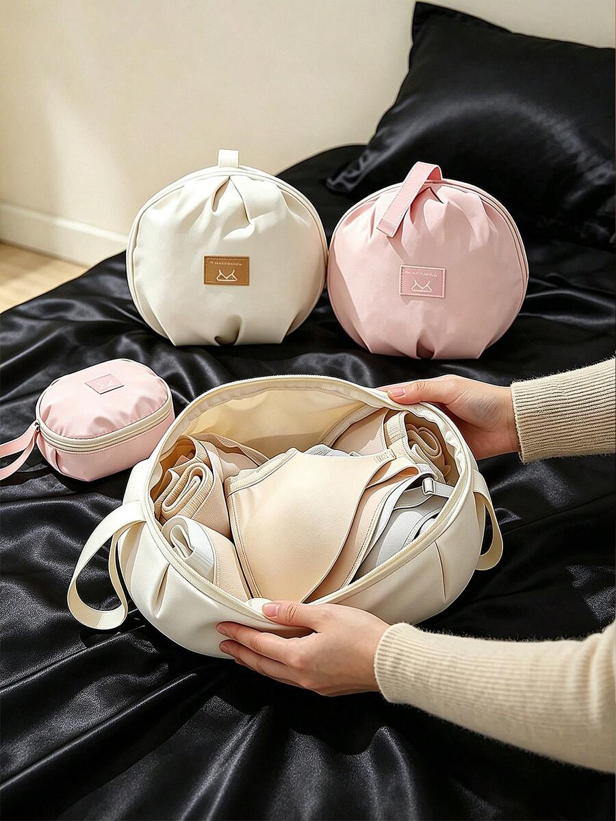 1pc Honey Girl Style Bra Storage Bag, Lightweight And Portable, Multi-Compartment Design, Efficient Storage For Bras And Underwear, Handheld Or Hanging, Suitable For Travel And Home Storage, Beige, Zipper Closure, Bra Storage Bag, Travel Essential,Bedroom Room Decor,Back To School - View 1