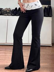 Fall Y2K Contrast Waist Flare Pants, Black Low Rise Bell Bottom Trousers With White Music Note Printed Fold Over Waistband, Slim Stretchy Casual Pants - Black - View 2