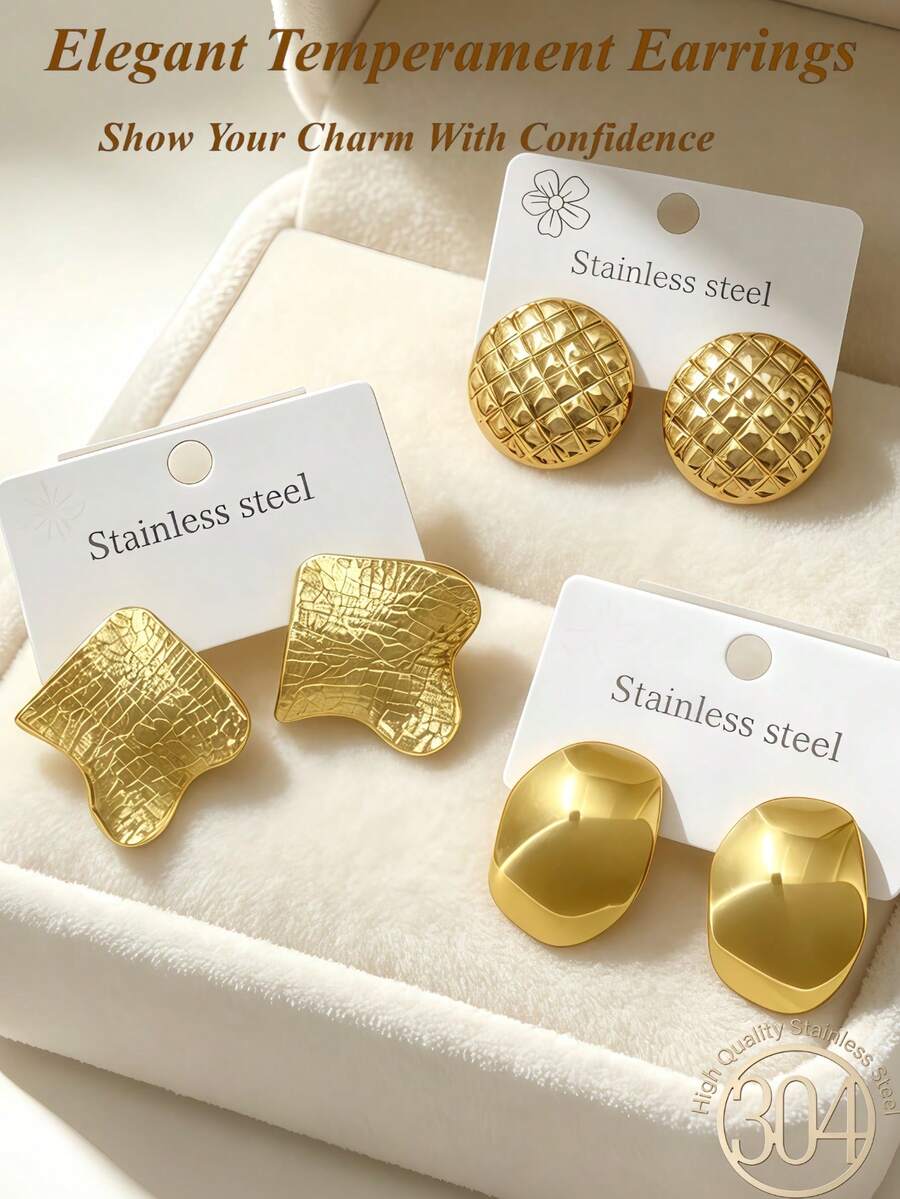 3 Sets Elegant Stainless Steel Cast Earrings, Geometric Shapes Including Round, Square And Other Geometric Designs. Fashionable Minimalist Earrings Suitable For Various Occasions, Valentine's Day, Mom, Mother's Day, Gifts. High Quality Low Allergy Daily Wear Earrings, Gold Earrings Suitable For Summer Travel And Vacation Wear, Perfect Gift For Family And Friends - Gold Sequin Set - View 1