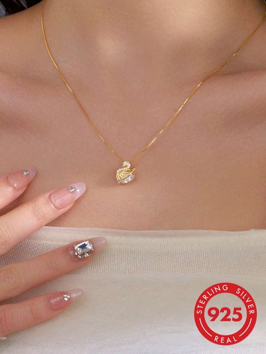 1pc S925 Sterling Silver Swan Zirconia Pendant Necklace, Versatile Style, Suitable For Women, Perfect For Parties And Gifts - Gold - View 1