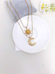 1pc Stainless Steel Waterproof Non-Fading Vintage Smiling Face Moon Sun Pendant Necklace Choker Chain Suitable For Women's Daily Wear - Large Gold - View 7