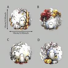4pcs Farmhouse Style Halloween Wooden Coasters, 5mm Thick Watercolor Ghost Pumpkin Non-Slip Drink Coasters, Autumn Tabletop Home Decor - Multicolor - View 7