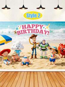 Disney 熱帶海灘生日派對背景布，椰子樹海洋全角色生日橫幅印刷攝影背景幕簾，抗皺加厚聚酯纖維材質，高畫質鮮豔生動角色印花 - 多款 - 查看 12
