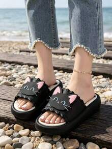 Women's Cartoon Black Cat Slippers, Sweet & Cool Style Summer Outdoor Casual Soft Bottom Flip Flops, Indoor/Outdoor Slip-On Sandals (Run Small By One Size) - Black - View 4