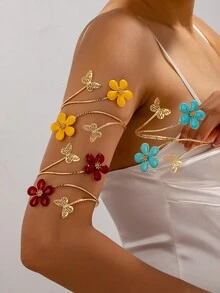 1pc/3pcs Gentle Fresh Hollow Butterfly Handmade Drip Oil 3D Five-Petal Flower Open Cuff Bracelet For Women, Summer Outings And Daily Wear - Multicolor - View 3