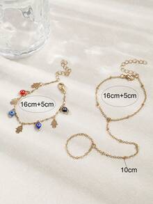 2pcs/Set Gold-Tone Copper Material Connected Finger Bracelet With Mysterious Demon Eye Tassel Back-Of-Hand Chain, Charming Women's Jewelry Suitable For Daily Wear And Party/Vacation Occasions, Colorful Beads On Handmade Chain Are Randomly Distributed - Multicolor - View 4