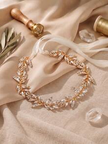 1pc Elegant Gold Crystal Leaf Bridal Headband With Ribbon, Exquisite Wedding Hair Accessory, Suitable For Bridesmaid, Prom Bridal Hair Accessory - Gold - View 6