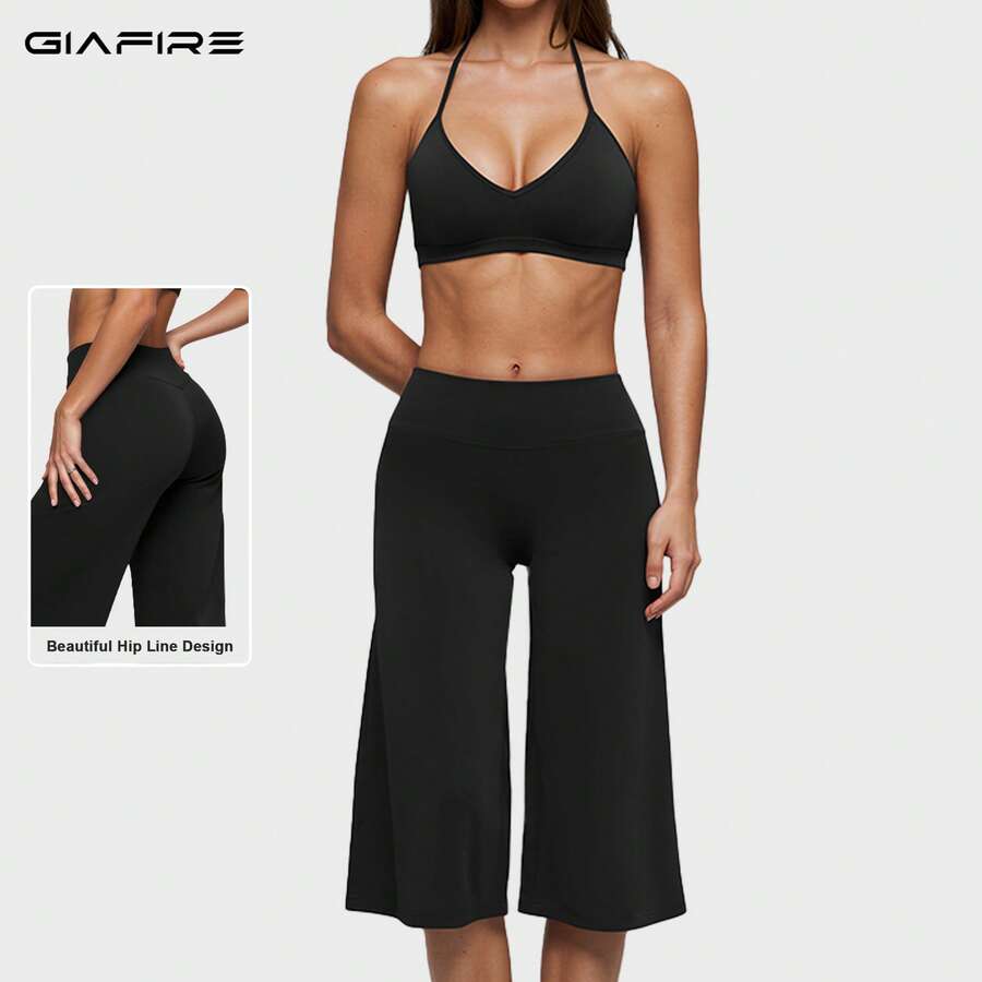 Summer Women's 2 Pieces Set, Tank Top And Short Wide Leg Pants, Suitable For Vacation, Date And Daily Wear. Sports Outfit - Black - View 1