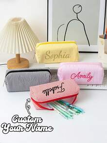 Personalized Customizable Pencil Case, Minimalist Solid Color Pencil Pouch, Fashionable Stationery Storage Bag, Customizable Name, Student Supplies - Multicolor - View 2