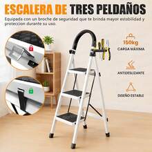 Escalera plegable, 3 peldaños. Escaleras plegables para el hogar, escaleras de acero inoxidable con pasamanos antideslizantes, escalera de tijera portátil para el hogar, la oficina, la cocina, el garaje. - Blanco - Ver 8