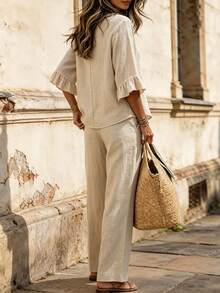 Women's Vintage V-Neck Button Front Linen 2 Pieces Set, Ruffle Sleeve Top With Wide Leg Pants, Plus Size Outfit Elegant - Apricot - View 6