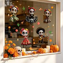 1/5pcs Day Of The Dead Skull & Cactus/Marigold Static Cling Window Stickers, Suitable For Party, Restaurant And Day Of The Dead Home Decor - Multicolor - View 3